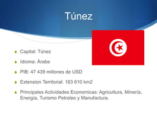 Túnez
S Capital: Túnez
S Idioma: Árabe
S PIB: 47 439 millones de USD
S Extension Territorial: 163 610 km2
S Principales Actividades Economicas: Agricultura, Minería,
Energía, Turismo Petroleo y Manufactura.
 