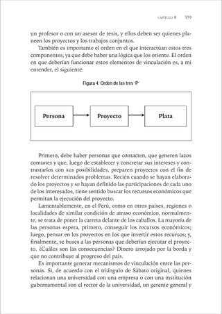 CAPÍTULO 8 159 
un profesor o con un asesor de tesis, y ellos deben ser quienes pla-neen 
los proyectos y los trabajos conjuntos. 
También es importante el orden en el que interactúan estos tres 
componentes, ya que debe haber una lógica que los oriente. El orden 
en que deberían funcionar estos elementos de vinculación es, a mi 
entender, el siguiente: 
Figura 4. Orden de las tres ‘P’ 
Person a 
Proyecto 
Plata 
Primero, debe haber personas que contacten, que generen lazos 
comunes y que, luego de establecer y concretar sus intereses y con-trastarlos 
con sus posibilidades, preparen proyectos con el fin de 
resolver determinados problemas. Recién cuando se hayan elabora-do 
los proyectos y se hayan definido las participaciones de cada uno 
de los interesados, tiene sentido buscar los recursos económicos que 
permitan la ejecución del proyecto. 
Lamentablemente, en el Perú, como en otros países, regiones o 
localidades de similar condición de atraso económico, normalmen-te, 
se trata de poner la carreta delante de los caballos. La mayoría de 
las personas espera, primero, conseguir los recursos económicos; 
luego, pensar en los proyectos en los que invertir estos recursos; y, 
finalmente, se busca a las personas que deberían ejecutar el proyec-to. 
¿Cuáles son las consecuencias? Dinero arrojado por la borda y 
que no contribuye al progreso del país. 
Es importante generar mecanismos de vinculación entre las per-sonas. 
Si, de acuerdo con el triángulo de Sábato original, quienes 
relacionan una universidad con una empresa o con una institución 
gubernamental son el rector de la universidad, un gerente general y 
 