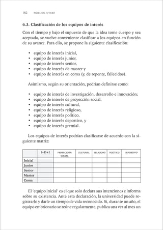 182 PAÍSES SIN FUTURO 
6.3. Clasificación de los equipos de interés 
Con el tiempo y bajo el supuesto de que la idea tome cuerpo y sea 
aceptada, se vuelve conveniente clasificar a los equipos en función 
de su avance. Para ello, se propone la siguiente clasificación: 
• equipo de interés inicial, 
• equipo de interés junior, 
• equipo de interés senior, 
• equipo de interés de master y 
• equipo de interés en coma (y, de repente, fallecidos). 
Asimismo, según su orientación, podrían definirse como: 
• equipo de interés de investigación, desarrollo e innovación; 
• equipo de interés de proyección social, 
• equipo de interés cultural, 
• equipo de interés religioso, 
• equipo de interés político, 
• equipo de interés deportivo, y 
• equipo de interés gremial. 
Los equipos de interés podrían clasificarse de acuerdo con la si-guiente 
matriz: 
I+D+I PROYECCIÓN 
SOCIAL 
CULTURAL RELIGIOSO POLÍTICO DEPORTIVO 
Inicial 
Junior 
Senior 
Master 
Coma 
El ‘equipo inicial’ es el que solo declara sus intenciones e informa 
sobre su existencia. Ante esta declaración, la universidad puede re-gistrarlo 
y darle un tiempo de vida reconocido. Si, durante un año, el 
equipo embrionario se reúne regularmente, publica una vez al mes un 
 