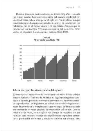 CAPÍTULO 1 31 
Durante todo este período de más de trescientos años, Holanda 
fue el país con los habitantes más ricos del mundo occidental con 
una tendencia a la baja al empezar el siglo XIX. Por otro lado, aunque 
los demás países fueron progresando en su nivel de producción por 
habitante, fue en el Reino Unido y en los Estados Unidos que se 
produjeron los mayores crecimientos a partir del siglo XVIII, como 
vemos en el gráfico 5, que abarca el período 1850-1900. 
Gráfico 5 
PBI per cápita, años 1850 a 1900 
5.000 
4.500 
4.000 
3.500 
3.000 
2.500 
2.000 
1.500 
1.000 
500 
0 
España Holanda Bélgica Reino Unido EE.UU. 
2.3. La energía y los cinco grandes del siglo XVI 
¿Cómo explicar este sostenido crecimiento del Reino Unido y de los 
Estados Unidos? Ya el oro de América no llegaba en ingentes canti-dades 
a Europa, pero un sorprendente invento estaba revolucionan-do 
la producción. En Inglaterra, se habían desarrollado ingenios ca-paces 
de aprovechar la energía que el agua era capaz de desatar cuando 
era convertida en vapor gracias a la combustión del carbón. Con las 
máquinas de vapor, se multiplicó por cientos la capacidad del ser 
humano para producir trabajo; eso significó que se pudiera aumen-tar 
la producción de bienes y servicios también por cientos. Esto 
US$ (Geary Khamis 1990) 
 