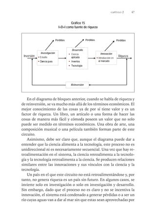 CAPÍTULO 2 47 
Gráfico 15 
I+D+I como fuente de riqueza 
Investigación 
ƒ 
Estudio 
Pérdidas Pérdidas Pérdidas 
Desarrollo 
ƒ 
Ciencia Innovación 
ƒ 
Introducción en 
Reinversión 
Inversión 
Riqueza 
En el diagrama de bloques anterior, cuando se habla de riqueza y 
de reinversión, se va mucho más allá de los términos económicos. El 
mejor conocimiento de las cosas ya de por sí tiene valor y es un 
factor de riqueza. Un libro, un artículo o una forma de hacer las 
cosas de manera más fácil y cómoda poseen un valor que no solo 
puede ser medido en términos económicos. Una obra de arte, una 
composición musical o una película también forman parte de este 
circuito. 
Asimismo, debe ser claro que, aunque el diagrama puede dar a 
entender que la ciencia alimenta a la tecnología, este proceso no es 
unidireccional ni es necesariamente secuencial. Una vez que hay re-troalimentación 
en el sistema, la ciencia retroalimenta a la tecnolo-gía 
y la tecnología retroalimenta a la ciencia. Se producen relaciones 
similares entre las innovaciones y sus vínculos con la ciencia y la 
tecnología. 
Un país en el que este circuito no está retroalimentándose y, por 
tanto, no genera riqueza es un país sin futuro. En algunos casos, se 
invierte solo en investigación o solo en investigación y desarrollo. 
Sin embargo, dado que el proceso no es claro y no se incentiva la 
innovación, el sistema está condenado a generar pérdidas o a ser un 
río cuyas aguas van a dar al mar sin que estas sean aprovechadas por 
 