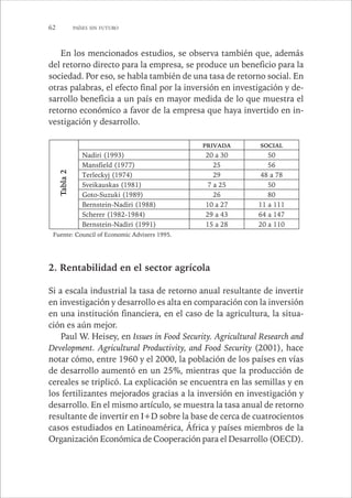 62 PAÍSES SIN FUTURO 
En los mencionados estudios, se observa también que, además 
del retorno directo para la empresa, se produce un beneficio para la 
sociedad. Por eso, se habla también de una tasa de retorno social. En 
otras palabras, el efecto final por la inversión en investigación y de-sarrollo 
beneficia a un país en mayor medida de lo que muestra el 
retorno económico a favor de la empresa que haya invertido en in-vestigación 
y desarrollo. 
PRIVADA SOCIAL 
Nadiri (1993) 20 a 30 50 
Mansfield (1977) 25 56 
Terleckyj (1974) 29 48 a 78 
Sveikauskas (1981) 7 a 25 50 
Goto-Suzuki (1989) 26 80 
Bernstein-Nadiri (1988) 10 a 27 11 a 111 
Scherer (1982-1984) 29 a 43 64 a 147 
Bernstein-Nadiri (1991) 15 a 28 20 a 110 
Tabla 2 
Fuente: Council of Economic Advisers 1995. 
2. Rentabilidad en el sector agrícola 
Si a escala industrial la tasa de retorno anual resultante de invertir 
en investigación y desarrollo es alta en comparación con la inversión 
en una institución financiera, en el caso de la agricultura, la situa-ción 
es aún mejor. 
Paul W. Heisey, en Issues in Food Security. Agricultural Research and 
Development. Agricultural Productivity, and Food Security (2001), hace 
notar cómo, entre 1960 y el 2000, la población de los países en vías 
de desarrollo aumentó en un 25%, mientras que la producción de 
cereales se triplicó. La explicación se encuentra en las semillas y en 
los fertilizantes mejorados gracias a la inversión en investigación y 
desarrollo. En el mismo artículo, se muestra la tasa anual de retorno 
resultante de invertir en I+D sobre la base de cerca de cuatrocientos 
casos estudiados en Latinoamérica, África y países miembros de la 
Organización Económica de Cooperación para el Desarrollo (OECD). 
 