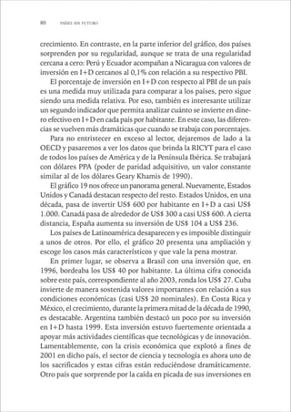80 PAÍSES SIN FUTURO 
crecimiento. En contraste, en la parte inferior del gráfico, dos países 
sorprenden por su regularidad, aunque se trata de una regularidad 
cercana a cero: Perú y Ecuador acompañan a Nicaragua con valores de 
inversión en I+D cercanos al 0,1% con relación a su respectivo PBI. 
El porcentaje de inversión en I+D con respecto al PBI de un país 
es una medida muy utilizada para comparar a los países, pero sigue 
siendo una medida relativa. Por eso, también es interesante utilizar 
un segundo indicador que permita analizar cuánto se invierte en dine-ro 
efectivo en I+D en cada país por habitante. En este caso, las diferen-cias 
se vuelven más dramáticas que cuando se trabaja con porcentajes. 
Para no entristecer en exceso al lector, dejaremos de lado a la 
OECD y pasaremos a ver los datos que brinda la RICYT para el caso 
de todos los países de América y de la Península Ibérica. Se trabajará 
con dólares PPA (poder de paridad adquisitivo, un valor constante 
similar al de los dólares Geary Khamis de 1990). 
El gráfico 19 nos ofrece un panorama general. Nuevamente, Estados 
Unidos y Canadá destacan respecto del resto. Estados Unidos, en una 
década, pasa de invertir US$ 600 por habitante en I+D a casi US$ 
1.000. Canadá pasa de alrededor de US$ 300 a casi US$ 600. A cierta 
distancia, España aumenta su inversión de US$ 104 a US$ 236. 
Los países de Latinoamérica desaparecen y es imposible distinguir 
a unos de otros. Por ello, el gráfico 20 presenta una ampliación y 
escoge los casos más característicos y que vale la pena mostrar. 
En primer lugar, se observa a Brasil con una inversión que, en 
1996, bordeaba los US$ 40 por habitante. La última cifra conocida 
sobre este país, correspondiente al año 2003, ronda los US$ 27. Cuba 
invierte de manera sostenida valores importantes con relación a sus 
condiciones económicas (casi US$ 20 nominales). En Costa Rica y 
México, el crecimiento, durante la primera mitad de la década de 1990, 
es destacable. Argentina también destacó un poco por su inversión 
en I+D hasta 1999. Esta inversión estuvo fuertemente orientada a 
apoyar más actividades científicas que tecnológicas y de innovación. 
Lamentablemente, con la crisis económica que explotó a fines de 
2001 en dicho país, el sector de ciencia y tecnología es ahora uno de 
los sacrificados y estas cifras están reduciéndose dramáticamente. 
Otro país que sorprende por la caída en picada de sus inversiones en 
 