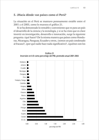 CAPÍTULO 4 83 
5. ¿Hacia dónde van países como el Perú? 
La situación en el Perú se mantuvo penosamente estable entre el 
2001 y el 2003, como lo muestra el gráfico 21. 
Si se ha demostrado lo rentable y conveniente que es para un país 
el desarrollo de la ciencia y la tecnología, y si se ha visto que es clave 
invertir en investigación, desarrollo e innovación, surge la siguiente 
pregunta: ¿qué hacer? De la misma manera que países como Hondu-ras, 
Nicaragua, Paraguay, Ecuador y otros, ¿somos un país condenado 
al fracaso?, ¿por qué nadie hace nada significativo?, ¿quiénes son los 
Gráfico 21 
Inversión en I+D como porcentaje del PBI, promedio anual 2001-2003 
Honduras 
Jamaica 
Ecuador 
Nicaragua 
Paraguay 
Perú 
Trinidad y Tobago 
Colombia 
Uruguay 
Bolivia 
Panamá 
México 
Argentina 
Chile 
Cuba 
Portugal 
Brasil 
España 
Canadá 
EE.UU. 
0,00 0,50 1,00 1,50 2,00 2,50 3,00 
porcentaje del PBI 
 