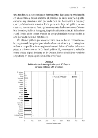 CAPÍTULO 5 89 
una tendencia de crecimiento permanente: duplican su producción 
en una década y pasan, durante el período, de entre dos y 2,5 publi-caciones 
registradas al año por cada cien mil habitantes a cuatro y 
cinco publicaciones anuales. En la parte más baja del gráfico, se en-cuentra, 
nuevamente, Perú, quien comparte deshonores con Colom-bia, 
Ecuador, Bolivia, Paraguay, República Dominicana, El Salvador y 
Haití. Todos ellos tienen menos de dos publicaciones registradas al 
año por cada cien mil habitantes. 
Un último gráfico que mostraremos en este breve recorrido so-bre 
algunos de los principales indicadores de ciencia y tecnología se 
refiere a las publicaciones registradas en el Science Citation Index res-pecto 
a la inversión en I+D. En el gráfico 25, se muestra la relación 
entre lo que el país invierte en I+D en millones de dólares y cuánto 
se publica en el país por ese monto invertido. 
Gráfico 25 
Publicaciones al año registradas en el SCI Search 
por cada millón de US$ invertidos 
ElSalvador 
CanadáPortugalBoliviaColombiaMéxicoVenezuelaBrasilUSA 
ParaguayCosta RicaChileArgentinaPanamáPerúEspañaCuba 
Promedio 190 -2020 03 
0 10,0 2 0,0 30,0 40,0 ci .rJcsyabdgnouTEHNUm ,05 0 ,067 ,080 ,0 
número de publicaciones 
Promedio 1990-2002 2003 
0 10,0 20,0 30,0 40,0 50,0 60,0 70,0 80,0 
El Salvador 
EE.UU. 
Brasil 
Venezuela 
México 
Colombia 
Bolivia 
Portugal 
Canadá 
Cuba 
España 
Perú 
Panamá 
Argentina 
Chile 
Costa Rica 
Paraguay 
Uruguay 
Ecuador 
Honduras 
Nicaragua 
Trinidad y Tobago 
Jamaica 
número de publicaciones 
 