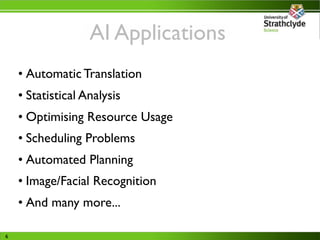 AI Applications
    • Automatic Translation
    • Statistical Analysis
    • Optimising Resource Usage
    • Scheduling Pr...