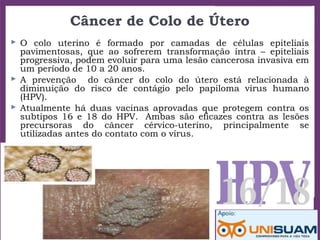 Câncer de Colo de Útero
 O colo uterino é formado por camadas de células epiteliais
pavimentosas, que ao sofrerem transformação intra – epiteliais
progressiva, podem evoluir para uma lesão cancerosa invasiva em
um período de 10 a 20 anos.
 A prevenção do câncer do colo do útero está relacionada à
diminuição do risco de contágio pelo papiloma vírus humano
(HPV).
 Atualmente há duas vacinas aprovadas que protegem contra os
subtipos 16 e 18 do HPV.  Ambas são eficazes contra as lesões
precursoras do câncer cérvico-uterino, principalmente se
utilizadas antes do contato com o vírus.
 