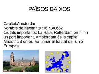 PAÏSOS BAIXOS
Capital:Amsterdam
Nombre de habitants :16.730.632
Ciutats importants: La Haia, Rotterdam on hi ha
un port important, Amsterdam és la capital,
Maastricht on es va firmar el tractat de l'unió
Europea.
 