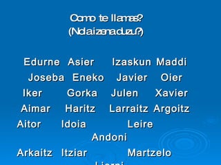 Como  te  llamas? (Nola izena duzu?) Edurne  Asier Izaskun Maddi Joseba Eneko Javier Oier Iker Gorka Julen Xavier Aimar Haritz Larraitz Argoitz Aitor  Idoia Leire Andoni Arkaitz Itziar Martzelo Lierni 