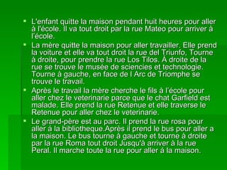 L'enfant quitte la maison pendant huit heures pour aller à l'école.  Il va tout droit par la rue Mateo pour arriver à l’école. La mère quitte la maison pour aller travailler. Elle prend la voiture et elle va tout droit la rue del Triunfo, Tourne à droite, pour prendre la rue Los Tilos. Á droite de la rue se trouve le musée de sciencies et technologie. Tourne à gauche, en face de l Arc de Triomphe se trouve le travail. Après le travail la mère cherche le fils à l’école pour aller chez le veterinarie parce que le chat Garfield est malade. Elle prend la rue Retenue et elle traverse le Retenue pour aller chez le veterinarie. Le grand-père est au parc. Il prend la rue rosa pour aller á la bibliotheque.Après il prend le bus pour aller a la maison.  Le bus tourne à gauche et tourne à droite par la rue Roma tout droit Jusqu'à arriver à la rue Peral.  Il marche toute la rue pour aller á la maison. 