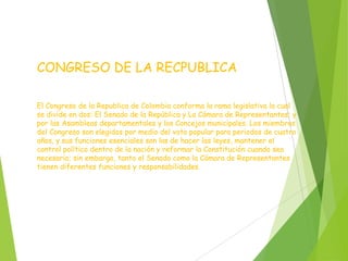 CONGRESO DE LA RECPUBLICA
El Congreso de la Republica de Colombia conforma la rama legislativa la cual
se divide en dos: El Senado de la República y La Cámara de Representantes; y
por las Asambleas departamentales y los Concejos municipales. Los miembros
del Congreso son elegidos por medio del voto popular para periodos de cuatro
años, y sus funciones esenciales son las de hacer las leyes, mantener el
control político dentro de la nación y reformar la Constitución cuando sea
necesario; sin embargo, tanto el Senado como la Cámara de Representantes
tienen diferentes funciones y responsabilidades
 