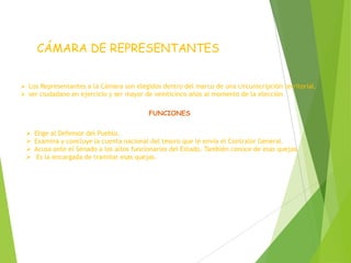 CÁMARA DE REPRESENTANTES
 Los Representantes a la Cámara son elegidos dentro del marco de una circunscripción territorial.
 ser ciudadano en ejercicio y ser mayor de veinticinco años al momento de la elección
FUNCIONES
 Elige al Defensor del Pueblo.
 Examina y concluye la cuenta nacional del tesoro que le envía el Contralor General.
 Acusa ante el Senado a los altos funcionarios del Estado. También conoce de esas quejas.
 Es la encargada de tramitar esas quejas.
 