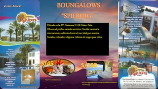 Ubicado en la AV. Costanera N 128 Colan, Paita
Ofrecen al publico variados servicios: Comida nacional e
internacional, auditorios frente al mar ideal para eventos
Sociales, culturales, religiosos. Ademas de juegos para niños.
http://www.tgsguadalpinbanus.com/img/fotos/habitaciones/habitacion
-suite-banus.jpg
http://www.comidamarina.com
 