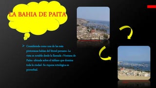  Considerada como una de las más
pintorescas bahías del litoral peruano. La
vista es notable desde la llamada <Ventana de
Paita> ubicada sobre el tablazo que domina
toda la ciudad. Su riqueza ictiológica es
proverbial.
http://proyectosub.com.ar/sudamerica/blog/wp-content/uploads/2013/12/Paita-Isla-
Foca_000011.jpg
http://www.go2peru.travel/destinos/large/foto_paita.jpg
 