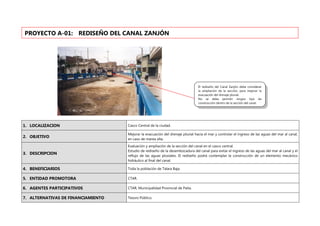 1. LOCALIZACION Casco Central de la ciudad.
2. OBJETIVO
Mejorar la evacuación del drenaje pluvial hacia el mar y controlar el ingreso de las aguas del mar al canal,
en caso de marea alta.
3. DESCRIPCION
Evaluación y ampliación de la sección del canal en el casco central.
Estudio de rediseño de la desembocadura del canal para evitar el ingreso de las aguas del mar al canal y el
reflujo de las aguas pluviales. El rediseño podrá contemplar la construcción de un elemento mecánico
hidráulico al final del canal.
4. BENEFICIARIOS Toda la población de Talara Baja.
5. ENTIDAD PROMOTORA CTAR.
6. AGENTES PARTICIPATIVOS CTAR, Municipalidad Provincial de Paita.
7. ALTERNATIVAS DE FINANCIAMIENTO Tesoro Público.
PROYECTO A-01: REDISEÑO DEL CANAL ZANJÓN
El rediseño del Canal Zanjón debe considerar
la ampliación de la sección, para mejorar la
evacuación del drenaje pluvial.
No se debe permitir ningún tipo de
construcción dentro de la sección del canal.
 
