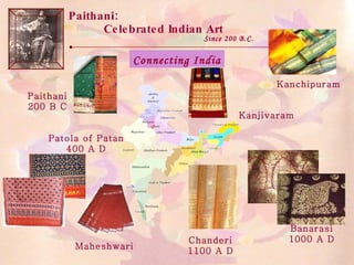 Paithani:  Celebrated Indian Art Since 200 B.C. Connecting India Patola of Patan 400 A D Paithani 200 B C Chanderi 1100 A D Banarasi 1000 A D Kanchipuram Maheshwari Kanjivaram 