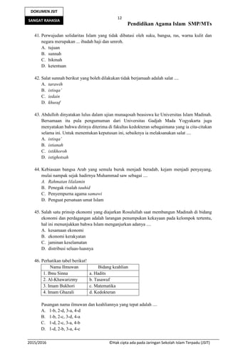 12
Pendidikan Agama Islam SMP/MTs
2015/2016 ©Hak cipta ada pada Jaringan Sekolah Islam Terpadu (JSIT)
DOKUMEN JSIT
SANGAT RAHASIA
41. Perwujudan solidaritas Islam yang tidak dibatasi oleh suku, bangsa, ras, warna kulit dan
negara merupakan ... ibadah haji dan umroh.
A. tujuan
B. sunnah
C. hikmah
D. ketentuan
42. Salat sunnah berikut yang boleh dilakukan tidak berjamaah adalah salat ....
A. tarawih
B. istisqa’
C. iedain
D. khusuf
43. Abdulloh dinyatakan lulus dalam ujian munaqosah beasiswa ke Universitas Islam Madinah.
Bersamaan itu pula pengumuman dari Universitas Gadjah Mada Yogyakarta juga
menyatakan bahwa dirinya diterima di fakultas kedokteran sebagaimana yang ia cita-citakan
selama ini. Untuk menentukan keputusan ini, sebaiknya ia melaksanakan salat ....
A. istisqa’
B. istianah
C. istikhoroh
D. istighotsah
44. Kebiasaan bangsa Arab yang semula buruk menjadi beradab, kejam menjadi penyayang,
mulai nampak sejak hadirnya Muhammad saw sebagai ....
A. Rahmatan lilalamin
B. Penegak risalah tauhid
C. Penyempurna agama samawi
D. Penguat persatuan umat Islam
45. Salah satu prinsip ekonomi yang diajarkan Rosulullah saat membangun Madinah di bidang
ekonomi dan perdagangan adalah larangan penumpukan kekayaan pada kelompok tertentu,
hal ini menunjukkan bahwa Islam menganjurkan adanya ....
A. kesamaan ekonomi
B. ekonomi kerakyatan
C. jaminan keselamatan
D. distribusi seluas-luasnya
46. Perhatikan tabel berikut!
Nama Ilmuwan Bidang keahlian
1. Ibnu Sinna a. Hadits
2. Al-Khawarizmy b. Tasawuf
3. Imam Bukhori c. Matematika
4. Imam Ghazali d. Kedokteran
Pasangan nama ilmuwan dan keahliannya yang tepat adalah ....
A. 1-b, 2-d, 3-a, 4-d
B. 1-b, 2-c, 3-d, 4-a
C. 1-d, 2-c, 3-a, 4-b
D. 1-d, 2-b, 3-a, 4-c
 