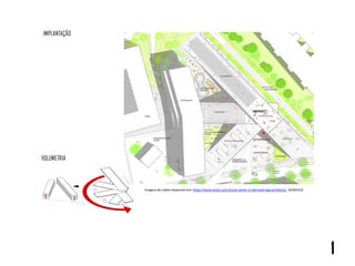 1
IMPLANTAÇÃO
VOLUMETRIA
Imagens do rojeto disponível em: https://www.evolo.us/cultural-center-in-denmark-big-architects/. 24/04/223
 