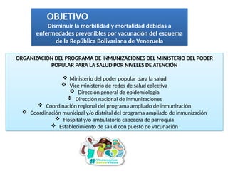 OBJETIVO
Disminuir la morbilidad y mortalidad debidas a
enfermedades prevenibles por vacunación del esquema
de la República Bolivariana de Venezuela
ORGANIZACIÓN DEL PROGRAMA DE INMUNIZACIONES DEL MINISTERIO DEL PODER
POPULAR PARA LA SALUD POR NIVELES DE ATENCIÓN
 Ministerio del poder popular para la salud
 Vice ministerio de redes de salud colectiva
 Dirección general de epidemiologia
 Dirección nacional de inmunizaciones
 Coordinación regional del programa ampliado de inmunización
 Coordinación municipal y/o distrital del programa ampliado de inmunización
 Hospital y/o ambulatorio cabecera de parroquia
 Establecimiento de salud con puesto de vacunación
 