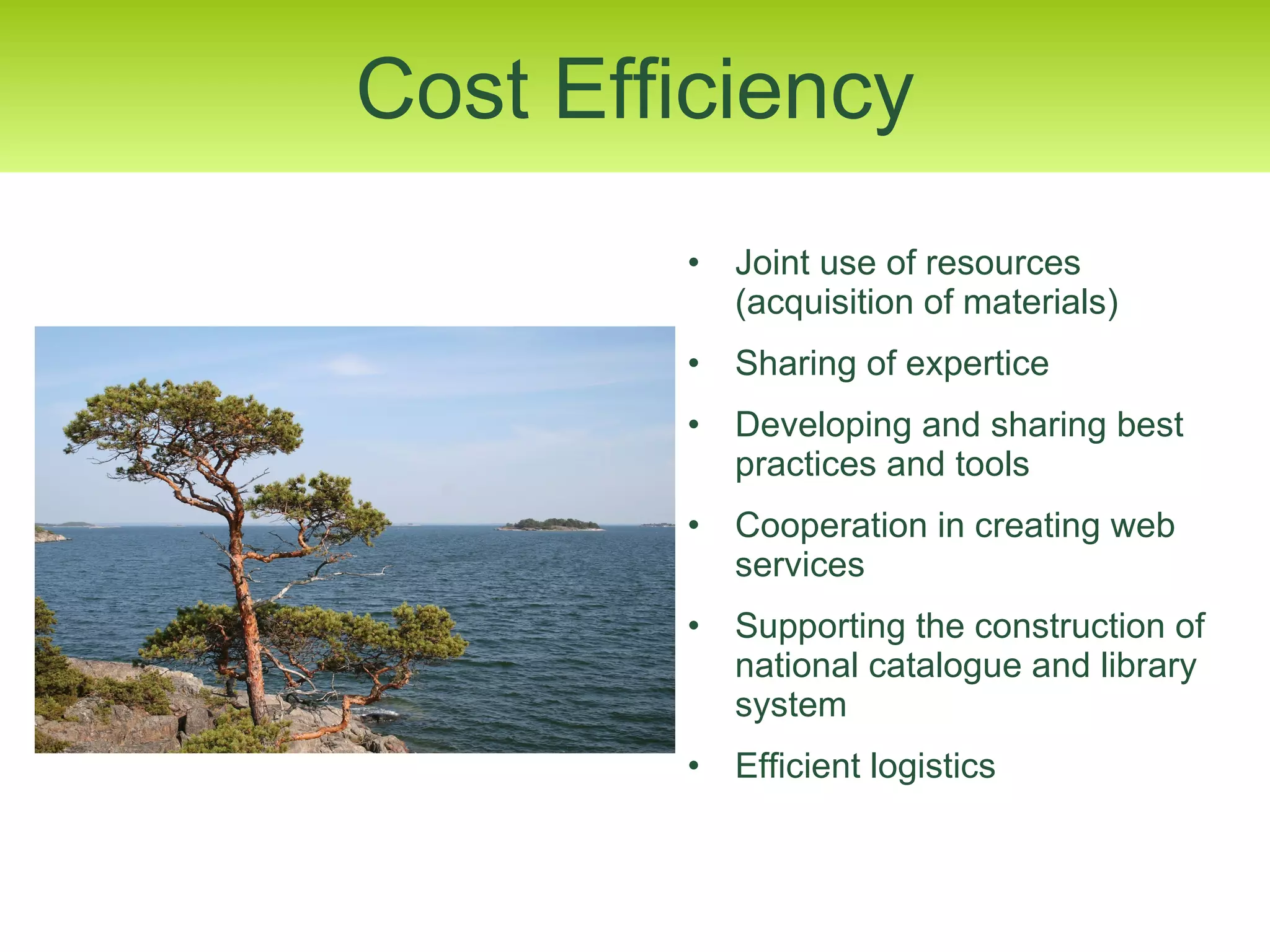 Joint use of resources (acquisition of materials) Sharing of expertice Developing and sharing best practices and tools Cooperation in creating web services Supporting the construction of national catalogue and library system Efficient logistics Cost Efficiency 