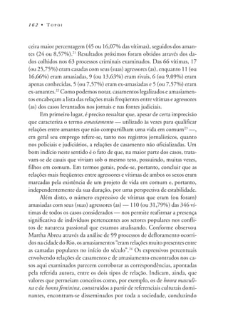 1 6 2 • T O P O I
ceira maior percentagem (45 ou 16,07% das vítimas), seguidos dos aman-
tes (24 ou 8,57%).21
Resultados próximos foram obtidos através dos da-
dos colhidos nos 63 processos criminais examinados. Das 66 vítimas, 17
(ou 25,75%) eram casadas com seus (suas) agressores (as), enquanto 11 (ou
16,66%) eram amasiadas, 9 (ou 13,63%) eram rivais, 6 (ou 9,09%) eram
apenas conhecidas, 5 (ou 7,57%) eram ex-amasiadas e 5 (ou 7,57%) eram
ex-amantes.22
Como podemos notar, casamentos legalizados e amasiamen-
tos encabeçam a lista das relações mais freqüentes entre vítimas e agressores
(as) dos casos levantados nos jornais e nas fontes judiciais.
Em primeiro lugar, é preciso ressaltar que, apesar de certa imprecisão
que caracteriza o termo amasiamento — utilizado às vezes para qualificar
relações entre amantes que não compartilham uma vida em comum23
—,
em geral seu emprego refere-se, tanto nos registros jornalísticos, quanto
nos policiais e judiciários, a relações de casamento não oficializadas. Um
bom indício neste sentido é o fato de que, na maior parte dos casos, trata-
vam-se de casais que viviam sob o mesmo teto, possuindo, muitas vezes,
filhos em comum. Em termos gerais, pode-se, portanto, concluir que as
relações mais freqüentes entre agressores e vítimas de ambos os sexos eram
marcadas pela existência de um projeto de vida em comum e, portanto,
independentemente da sua duração, por uma perspectiva de estabilidade.
Além disto, o número expressivo de vítimas que eram (ou foram)
amasiadas com seus (suas) agressores (as) — 110 (ou 31,79%) das 346 ví-
timas de todos os casos considerados — nos permite reafirmar a presença
significativa de indivíduos pertencentes aos setores populares nos confli-
tos de natureza passional que estamos analisando. Conforme observou
Martha Abreu através da análise de 99 processos de defloramento ocorri-
dos na cidade do Rio, os amasiamentos “eram relações muito presentes entre
as camadas populares no início do século”.24
Os expressivos percentuais
envolvendo relações de casamento e de amasiamento encontrados nos ca-
sos aqui examinados parecem corroborar as correspondências, apontadas
pela referida autora, entre os dois tipos de relação. Indicam, ainda, que
valores que permeiam conceitos como, por exemplo, os de honra masculi-
na e de honra feminina, construídos a partir de referenciais culturais domi-
nantes, encontram-se disseminados por toda a sociedade, conduzindo
 