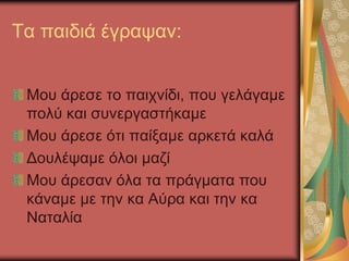 Τα παιδιά έγραψαν:
Μου άρεσε το παιχνίδι, που γελάγαμε
πολύ και συνεργαστήκαμε
Μου άρεσε ότι παίξαμε αρκετά καλά
Δουλέψαμε όλοι μαζί
Μου άρεσαν όλα τα πράγματα που
κάναμε με την κα Αύρα και την κα
Ναταλία
 