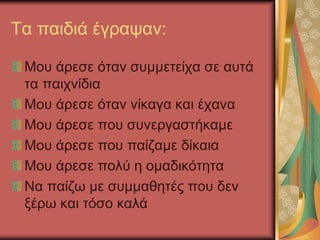 Τα παιδιά έγραψαν:
Μου άρεσε όταν συμμετείχα σε αυτά
τα παιχνίδια
Μου άρεσε όταν νίκαγα και έχανα
Μου άρεσε που συνεργαστήκαμε
Μου άρεσε που παίζαμε δίκαια
Μου άρεσε πολύ η ομαδικότητα
Να παίζω με συμμαθητές που δεν
ξέρω και τόσο καλά
 