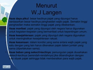 Menurut
W.J Langen
• Asas daya pikul: besar kecilnya pajak yang dipungut harus
berdasarkan besar kecilnya penghasilan wajib pajak. Semakin tinggi
penghasilan maka semakin tinggi pajak yang dibebankan.
• Asas manfaat: pajak yang dipungut oleh negara harus digunakan
untuk kegiatan-kegiatan yang bermanfaat untuk kepentingan umum.
• Asas kesejahteraan: pajak yang dipungut oleh negara digunakan
untuk meningkatkan kesejahteraan rakyat.
• Asas kesamaan: dalam kondisi yang sama antara wajib pajak yang
satu dengan yang lain harus dikenakan pajak dalam jumlah yang
sama (diperlakukan sama).
• Asas beban yang sekecil-kecilnya: pemungutan pajak diusahakan
sekecil-kecilnya (serendah-rendahnya) jika dibandingkan dengan
nilai obyek pajak sehingga tidak memberatkan para wajib pajak.
 