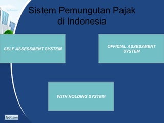 Sistem Pemungutan Pajak
di Indonesia
SELF ASSESSMENT SYSTEM
WITH HOLDING SYSTEM
OFFICIAL ASSESSMENT
SYSTEM
 