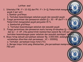 Latihan soal
1. Diketahui FM : P = 12-2Q dan FN : P = 3+ Q. Pemerintah mengenakan
    pajak 2 per unit.
    a. Gambar grafiknya
    b. Tentukan keseimbangan sebelum pajak dan sesudah pajak
2. Fungsi permintaan dan penawaran adalah Q = 30 – 4P dan P = 6 +2Q
    Pemerintah mengenakan pajak penjualan 15 %.
     a. Gambarlah grafiknya
     b. Tentukan keseimbangan sebelum dan sesudah pajak
3. Fungsi permintaan dan penawaran suatu barang dirumuskan Q = 100-P
     dan Q = -2 +2P. Jika pemerintah memberikan subsidi Rp 1,00 per unit
    tentukan keseimbangan pasar sebelum dan sesudah mendapat subsidi.
4. Biaya tetap sebuah perusahaan sebesar Rp. 3.000.000, sedangkan biaya
    variabelnya diberikan oleh persamaan : VC = 10000Q
    a. Tentukan persamaan biaya total (TC)
    b. Berapa biaya total yang dikeluarkan, jika perusahaan memproduksi
   750 unit.
 