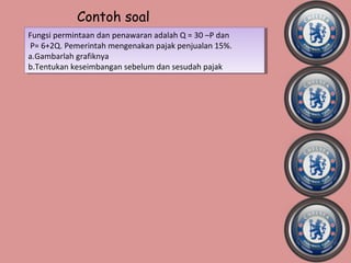 Contoh soal
Fungsi permintaan dan penawaran adalah Q ==30 –P dan
 Fungsi permintaan dan penawaran adalah Q 30 –P dan
P= 6+2Q. Pemerintah mengenakan pajak penjualan 15%.
 P= 6+2Q. Pemerintah mengenakan pajak penjualan 15%.
a.Gambarlah grafiknya
 a.Gambarlah grafiknya
b.Tentukan keseimbangan sebelum dan sesudah pajak
 b.Tentukan keseimbangan sebelum dan sesudah pajak
 