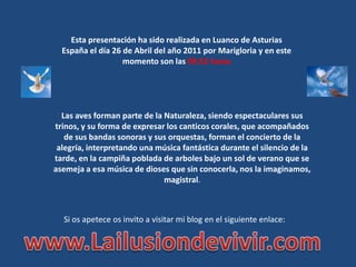 Esta presentación ha sido realizada en Luanco de Asturias España el día 26 de Abril del año 2011 por Marigloria y en este momento son las 18:47 horasLas aves forman parte de la Naturaleza, siendo espectaculares sus trinos, y su forma de expresar los canticos corales, que acompañados de sus bandas sonoras y sus orquestas, forman el concierto de la alegría, interpretando una música fantástica durante el silencio de la tarde, en la campiña poblada de arboles bajo un sol de verano que se asemeja a esa música de dioses que sin conocerla, nos la imaginamos, magistral.Si os apetece os invito a visitar mi blog en el siguiente enlace:www.Lailusiondevivir.com