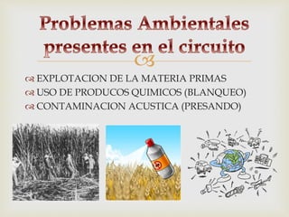 
 EXPLOTACION DE LA MATERIA PRIMAS
 USO DE PRODUCOS QUIMICOS (BLANQUEO)
 CONTAMINACION ACUSTICA (PRESANDO)
 