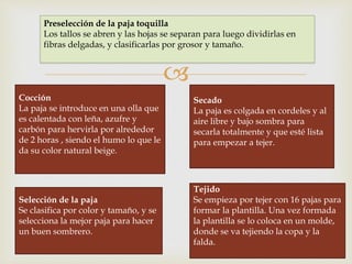 
Preselección de la paja toquilla
Los tallos se abren y las hojas se separan para luego dividirlas en
fibras delgadas, y clasificarlas por grosor y tamaño.
Cocción
La paja se introduce en una olla que
es calentada con leña, azufre y
carbón para hervirla por alrededor
de 2 horas , siendo el humo lo que le
da su color natural beige.
Secado
La paja es colgada en cordeles y al
aire libre y bajo sombra para
secarla totalmente y que esté lista
para empezar a tejer.
Selección de la paja
Se clasifica por color y tamaño, y se
selecciona la mejor paja para hacer
un buen sombrero.
Tejido
Se empieza por tejer con 16 pajas para
formar la plantilla. Una vez formada
la plantilla se lo coloca en un molde,
donde se va tejiendo la copa y la
falda.
 