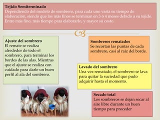 
Tejido Semiterminado
Dependiendo del modelo de sombrero, para cada uno varía su tiempo de
elaboración, siendo que los más finos se terminan en 3 ó 4 meses debido a su tejido.
Entre más fino, más tiempo para elaborarlo, y mayor su costo.
Ajuste del sombrero
El remate se realiza
alrededor de todo el
sombrero, para terminar los
bordes de las alas. Mientras
que el ajuste se realiza con
cuidado para darle un buen
perfil al ala del sombrero.
Sombreros rematados
Se recortan las puntas de cada
sombrero, casi al raíz del borde.
Lavado del sombrero
Una vez rematado, el sombrero se lava
para quitar la suciedad que pudo
adquirir hasta el momento.
Secado total
Los sombreros se dejan secar al
aire libre durante un buen
tiempo para proceder
 