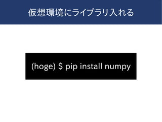 仮想環境にライブラリ入れる
(hoge) $ pip install numpy
 