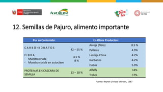 12. Semillas de Pajuro, alimento importante
Por su Contenido: En Otros Productos:
C A R B O H I D R A T O S
F I B R A
- Muestra cruda
- Muestra cocida en autoclave
42 – 55 %
4.5 %
8 %
Arveja (fibra) 8.5 %
Pallares 4.9%
Lenteja China 4.2%
Garbanzo 4.2%
Habas 5.9%
PROTEINAS EN CASCARA DE
SEMILLA
13 – 18 %
Alfalfa 14%
Trebol 17%
Fuente: Reynel y Felipe Morales, 1987
 