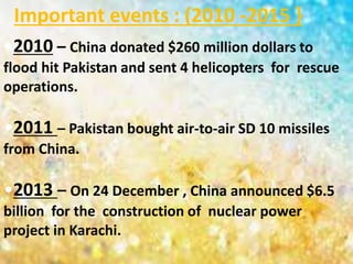 •2010 – China donated $260 million dollars to
flood hit Pakistan and sent 4 helicopters for rescue
operations.
•2011 – Pakistan bought air-to-air SD 10 missiles
from China.
•2013 – On 24 December , China announced $6.5
billion for the construction of nuclear power
project in Karachi.
Important events : (2010 -2015 }
 