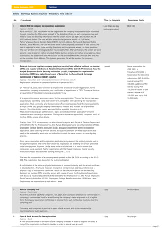 Details – Starting a Business in Lahore – Procedure, Time and Cost
No. Procedures Time to Complete Associated Costs
1 Obtain PIN for company incorporation submission
: SECP
Agency
As of April 2017, SEC has allowed for the registration for company incorporation to be submitted
through inputting the PIN number instead of the digital certificate. As such, companies now just
need to input the following information into the system his/her 13 digit CNIC Number /NICOP
/POC without dashes. The user will also enter his/her personal details i.e. Full Name,
Father’s/Spouse Name, Gender, Date of Birth, Current Address, Permanent Address, Mobile
Number, Email Address. The user will then enter his/her proposed password. In next section, the
user is required to select three security Questions and then provide answer to those questions.
The user will then click the Signup button to proceed further. After verification, the system will send
security code to User on his/her provided Mobile Number and also on his/her email address. Upon
submission, the system will send PIN to User on the provided Mobile No. through SMS and also
on the provided Email Address. This system generated PIN will be required for company
incorporation.
Less than one day
(online procedure)
PKR 100
2 Reserve the name, register company, pay incorporation fees, obtain a national tax number
(NTN) and register with Excise & Taxation Department of the District (Professional Tax), the
Punjab Employees Social Security Institution (PESSI), Employees Old-Age Benefits
Institution (EOBI) and Labor Department of Karachi on the Securities & Exchange
Commission of Pakistan (SECP) e-portal
: Securities and Exchange Commission of Pakistan (SECP)
Agency
Registration can either be completed online or in person at SECP.
On February 6, 2018, SECP launched a single online procedure for user registration, name
reservation, company incorporation, and notification of appointment of CEO. The new e-Services
are available at https://eservices.secp.gov.pk/eServices/ .
It is required to reserve a company name for the new registration. This can be done in two ways:
separately by submitting name reservation form, or together with submitting the incorporation
application. Most commonly, prior to reservation of name companies check the name availability
at https://www.secp.gov.pk/company-name-search/ (website also includes list of prohibited
names). Once the desired names were verified as available, founders go to
https://eservices.secp.gov.pk/eServices/ , login, and select combined application for name
reservation and company incorporation. During the incorporation application, companies notify of
the first CEOs, among other details.
Starting from 2019, entrepreneurs can also choose to register with Excise & Taxation Department
of the District for the Professional Tax, the Punjab Employees Social Security Institution (PESSI),
Employees Old-Age Benefits Institution (EOBI) and Labor Department within incorporation
application. Upon checking relevant options, the system generates pre-filled applications that
need to be reviewed by applicants and submitted through the same system in a step-by-step
process.
Once name reservation and incorporation application are prepared, the system prompts user to
the payment options. The name reservation fee, registration fee and filing fee are all generated
under one payment. Payment can be done online or at the bank. It is most common that
companies use e-payment. Fee for registration with the Punjab Employees Social Security
Institution (PESSI) was abolished starting from June 1, 2018.
The fees for incorporation of a company were updated on May 24, 2016 according to the S.R.O
448. The registration fees depend on the authorized capital.
A confirmation of the online or physical submission is received instantly, and the actual certificate
is emailed within a few hours. However, in practice, entrepreneurs also require to receive a
physical copy of incorporation certificate, which can be collected in person on the next day.
National tax number (NTN) is sent by e-mail with couple of hours. Confirmations of registration
with Excise & Taxation Department of the District for the Professional Tax, the Punjab Employees
Social Security Institution (PESSI), Employees Old-Age Benefits Institution (EOBI) and Labor
Department are received over e-mail within 1 week.
1 week Name reservation fee
(PKR 200) +
Filing fee (PKR 400) +
Registration fee (for online
submission: PKR 1,000 for
capital below PKR
100,000; additional PKR
500 for every PKR
100,000 of capital or part
thereof, above PKR
100,000 and up to PKR
10,000,000).
3 Make a company seal
: Seal maker
Agency
According to Article 23 of the Companies Act, 2017, every company shall have a common seal. A
company‘s common seal must be a seal having the company‘s name engraved on it in legible
form. If company issues share certificates in physical form, such certificates must also bear the
company seal.
Company seal is required in practice to open a bank account, and is also requested by
counterparts and public agencies.
1 day PKR 400-600
4 Open a bank account for tax registration
: Bank
Agency
A bank account number in the name of the company is needed in order to register for taxes. A
copy of the registration certificate is needed in order to open a bank account.
1 day No charge
Pakistan
Doing Business 2020
Page 12
 