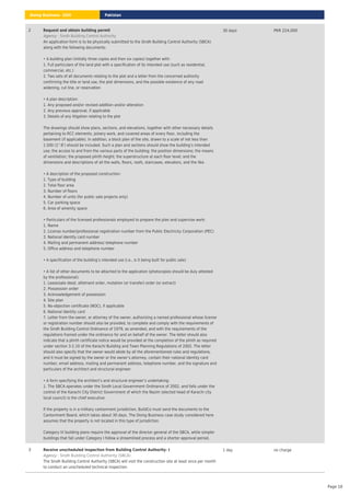 2 Request and obtain building permit
: Sindh Building Control Authority
Agency
An application form is to be physically submitted to the Sindh Building Control Authority (SBCA)
along with the following documents:
• A building plan (initially three copies and then six copies) together with:
1. Full particulars of the land plot with a specification of its intended use (such as residential,
commercial, etc.)
2. Two sets of all documents relating to the plot and a letter from the concerned authority
confirming the title or land use, the plot dimensions, and the possible existence of any road
widening, cut line, or reservation
• A plan description:
1. Any proposed and/or revised addition and/or alteration
2. Any previous approval, if applicable
3. Details of any litigation relating to the plot
The drawings should show plans, sections, and elevations, together with other necessary details
pertaining to RCC elements, joinery work, and covered areas of every floor, including the
basement (if applicable). In addition, a block plan of the site, drawn to a scale of not less than
1:500 (1”:8’) should be included. Such a plan and sections should show the building’s intended
use; the access to and from the various parts of the building; the position dimensions; the means
of ventilation; the proposed plinth height; the superstructure at each floor level; and the
dimensions and descriptions of all the walls, floors, roofs, staircases, elevators, and the like.
• A description of the proposed construction:
1. Type of building
2. Total floor area
3. Number of floors
4. Number of units (for public sale projects only)
5. Car parking space
6. Area of amenity space
• Particulars of the licensed professionals employed to prepare the plan and supervise work:
1. Name
2. License number/professional registration number from the Public Electricity Corporation (PEC)
3. National identity card number
4. Mailing and permanent address/ telephone number
5. Office address and telephone number
• A specification of the building’s intended use (i.e., is it being built for public sale)
• A list of other documents to be attached to the application (photocopies should be duly attested
by the professional):
1. Lease/sale deed, allotment order, mutation (or transfer) order (or extract)
2. Possession order
3. Acknowledgement of possession
4. Site plan
5. No-objection certificate (NOC), if applicable
6. National identity card
7. Letter from the owner, or attorney of the owner, authorizing a named professional whose license
or registration number should also be provided, to complete and comply with the requirements of
the Sindh Building Control Ordinance of 1979, as amended, and with the requirements of the
regulations framed under the ordinance for and on behalf of the owner. The letter should also
indicate that a plinth certificate notice would be provided at the completion of the plinth as required
under section 3-2.10 of the Karachi Building and Town Planning Regulations of 2002. The letter
should also specify that the owner would abide by all the aforementioned rules and regulations,
and it must be signed by the owner or the owner’s attorney, contain their national identity card
number, email address, mailing and permanent address, telephone number, and the signature and
particulars of the architect and structural engineer.
• A form specifying the architect’s and structural engineer’s undertaking:
1. The SBCA operates under the Sindh Local Government Ordinance of 2002, and falls under the
control of the Karachi City District Government of which the Nazim (elected head of Karachi city
local council) is the chief executive.
If the property is in a military cantonment jurisdiction, BuildCo must send the documents to the
Cantonment Board, which takes about 30 days. The Doing Business case study considered here
assumes that the property is not located in this type of jurisdiction.
Category IV building plans require the approval of the director general of the SBCA, while simpler
buildings that fall under Category I follow a streamlined process and a shorter approval period.
30 days PKR 224,000
3 Receive unscheduled inspection from Building Control Authority- I
: Sindh Building Control Authority (SBCA)
Agency
The Sindh Building Control Authority (SBCA) will visit the construction site at least once per month
to conduct an unscheduled technical inspection.
1 day no charge
Pakistan
Doing Business 2020
Page 18
 