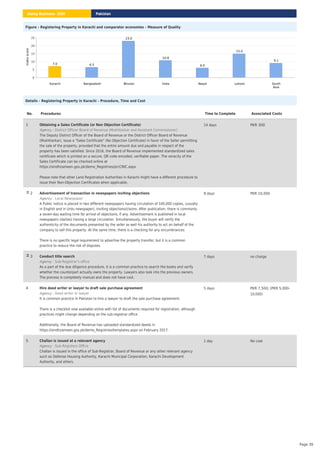 Figure – Registering Property in Karachi and comparator economies – Measure of Quality
Karachi Bangladesh Bhutan India Nepal Lahore South
Asia
0
5
10
15
20
25
Index
score
7.0 6.5
23.0
10.8
6.0
15.0
9.1
Details – Registering Property in Karachi – Procedure, Time and Cost
No. Procedures Time to Complete Associated Costs
1 Obtaining a Sales Certificate (or Non Objection Certificate)
: District Officer Board of Revenue (Mukhtiarkar and Assistant Commissioner)
Agency
The Deputy District Officer of the Board of Revenue or the District Officer Board of Revenue
(Mukhtiarkar), issue a "Sales Certificate" (No Objection Certificate) in favor of the Seller permitting
the sale of the property, provided that the entire amount due and payable in respect of the
property has been satisfied. Since 2016, the Board of Revenue implemented standardized sales
certificate which is printed on a secure, QR code encoded, verifiable paper. The veracity of the
Sales Certificate can be checked online at
https://sindhzameen.gos.pk/demo_Registries/prcCNIC.aspx
Please note that other Land Registration Authorities in Karachi might have a different procedure to
issue their Non-Objection Certificates when applicable.
14 days PKR 300
2 Advertisement of transaction in newspapers inviting objections
: Local Newspaper
Agency
A Public notice is placed in two different newspapers having circulation of 100,000 copies, (usually
in English and in Urdu newspaper), inviting objections/claims. After publication, there is commonly
a seven-day waiting time for arrival of objections, if any. Advertisement is published in local
newspapers (dailies) having a large circulation. Simultaneously, the buyer will verify the
authenticity of the documents presented by the seller as well his authority to act on behalf of the
company to sell this property. At the same time, there is a checking for any encumbrances.
There is no specific legal requirement to advertise the property transfer, but it is a common
practice to reduce the risk of disputes.
8 days PKR 10,000
3 Conduct title search
: Sub-Registrar's office
Agency
As a part of the due diligence procedure, it is a common practice to search the books and verify
whether the counterpart actually owns the property. Lawyers also look into the previous owners.
The process is completely manual and does not have cost.
7 days no charge
4 Hire deed writer or lawyer to draft sale purchase agreement
: Deed writer or lawyer
Agency
It is common practice in Pakistan to hire a lawyer to draft the sale purchase agreement.
There is a checklist now available online with list of documents required for registration, although
practices might change depending on the sub-registrar office.
Additionally, the Board of Revenue has uploaded standardized deeds in
https://sindhzameen.gos.pk/demo_Registries/templates.aspx on February 2017.
5 days PKR 7,500; (PKR 5,000-
10,000)
5 Challan is issued at a relevant agency
: Sub-Registers Office
Agency
Challan is issued in the office of Sub-Registrar, Board of Revenue or any other relevant agency
such as Defense Housing Authority, Karachi Municipal Corporation, Karachi Development
Authority, and others.
1 day No cost
Pakistan
Doing Business 2020
Page 39
 