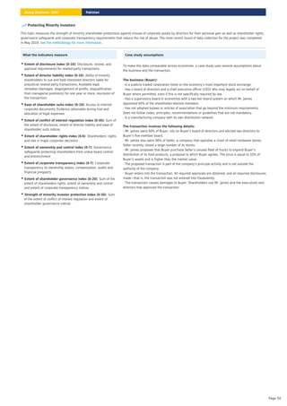 Protecting Minority Investors
This topic measures the strength of minority shareholder protections against misuse of corporate assets by directors for their personal gain as well as shareholder rights,
governance safeguards and corporate transparency requirements that reduce the risk of abuse. The most recent round of data collection for the project was completed
in May 2019. .
See the methodology for more information
What the indicators measure
: Disclosure, review, and
approval requirements for related-party transactions
• Extent of disclosure index (0–10)
: Ability of minority
shareholders to sue and hold interested directors liable for
prejudicial related-party transactions; Available legal
remedies (damages, disgorgement of profits, disqualification
from managerial position(s) for one year or more, rescission of
the transaction)
• Extent of director liability index (0–10)
: Access to internal
corporate documents; Evidence obtainable during trial and
allocation of legal expenses
• Ease of shareholder suits index (0–10)
Sum of
the extent of disclosure, extent of director liability and ease of
shareholder suits indices
• Extent of conflict of interest regulation index (0-30):
: Shareholders’ rights
and role in major corporate decisions
• Extent of shareholder rights index (0-6)
: Governance
safeguards protecting shareholders from undue board control
and entrenchment
• Extent of ownership and control index (0-7)
: Corporate
transparency on ownership stakes, compensation, audits and
financial prospects
• Extent of corporate transparency index (0-7)
: Sum of the
extent of shareholders rights, extent of ownership and control
and extent of corporate transparency indices
• Extent of shareholder governance index (0–20)
: Sum
of the extent of conflict of interest regulation and extent of
shareholder governance indices
• Strength of minority investor protection index (0–50)
Case study assumptions
To make the data comparable across economies, a case study uses several assumptions about
the business and the transaction.
- Is a publicly traded corporation listed on the economy’s most important stock exchange.
- Has a board of directors and a chief executive officer (CEO) who may legally act on behalf of
Buyer where permitted, even if this is not speciﬁcally required by law.
- Has a supervisory board in economies with a two-tier board system on which Mr. James
appointed 60% of the shareholder-elected members.
- Has not adopted bylaws or articles of association that go beyond the minimum requirements.
Does not follow codes, principles, recommendations or guidelines that are not mandatory.
- Is a manufacturing company with its own distribution network.
The business (Buyer):
- Mr. James owns 60% of Buyer, sits on Buyer’s board of directors and elected two directors to
Buyer’s ﬁve-member board.
- Mr. James also owns 90% of Seller, a company that operates a chain of retail hardware stores.
Seller recently closed a large number of its stores.
- Mr. James proposes that Buyer purchase Seller’s unused ﬂeet of trucks to expand Buyer’s
distribution of its food products, a proposal to which Buyer agrees. The price is equal to 10% of
Buyer’s assets and is higher than the market value.
- The proposed transaction is part of the company’s principal activity and is not outside the
authority of the company.
- Buyer enters into the transaction. All required approvals are obtained, and all required disclosures
made—that is, the transaction was not entered into fraudulently.
- The transaction causes damages to Buyer. Shareholders sue Mr. James and the executives and
directors that approved the transaction.
The transaction involves the following details:
Pakistan
Doing Business 2020
Page 59
 