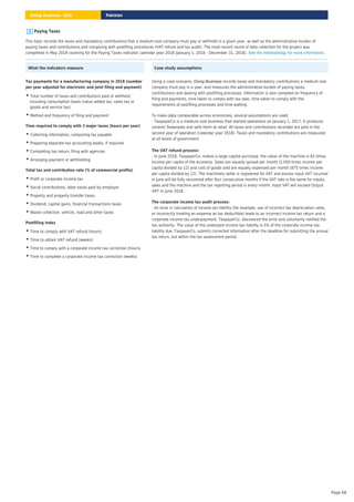 Paying Taxes
This topic records the taxes and mandatory contributions that a medium-size company must pay or withhold in a given year, as well as the administrative burden of
paying taxes and contributions and complying with postfiling procedures (VAT refund and tax audit). The most recent round of data collection for the project was
completed in May 2019 covering for the Paying Taxes indicator calendar year 2018 (January 1, 2018 – December 31, 2018). See the methodology for more information.
What the indicators measure
Tax payments for a manufacturing company in 2018 (number
per year adjusted for electronic and joint filing and payment)
Total number of taxes and contributions paid or withheld,
including consumption taxes (value added tax, sales tax or
goods and service tax)
•
Method and frequency of filing and payment
•
Time required to comply with 3 major taxes (hours per year)
Collecting information, computing tax payable
•
Preparing separate tax accounting books, if required
•
Completing tax return, filing with agencies
•
Arranging payment or withholding
•
Total tax and contribution rate (% of commercial profits)
Profit or corporate income tax
•
Social contributions, labor taxes paid by employer
•
Property and property transfer taxes
•
Dividend, capital gains, financial transactions taxes
•
Waste collection, vehicle, road and other taxes
•
Postfiling Index
Time to comply with VAT refund (hours)
•
Time to obtain VAT refund (weeks)
•
Time to comply with a corporate income tax correction (hours)
•
Time to complete a corporate income tax correction (weeks)
•
Case study assumptions
Using a case scenario, records taxes and mandatory contributions a medium size
company must pay in a year, and measures the administrative burden of paying taxes,
contributions and dealing with postfiling processes. Information is also compiled on frequency of
filing and payments, time taken to comply with tax laws, time taken to comply with the
requirements of postfiling processes and time waiting.
Doing Business
To make data comparable across economies, several assumptions are used:
- TaxpayerCo is a medium-size business that started operations on January 1, 2017. It produces
ceramic flowerpots and sells them at retail.
Taxes and mandatory contributions are measured
at all levels of government.
- In June 2018, TaxpayerCo. makes a large capital purchase: the value of the machine is 65 times
income per capita of the economy. Sales are equally spread per month (1,050 times income per
capita divided by 12) and cost of goods sold are equally expensed per month (875 times income
per capita divided by 12). The machinery seller is registered for VAT and excess input VAT incurred
in June will be fully recovered after four consecutive months if the VAT rate is the same for inputs,
sales and the machine and the tax reporting period is every month. Input VAT will exceed Output
VAT in June 2018.
All taxes and contributions recorded are paid in the
second year of operation (calendar year 2018).
The VAT refund process:
- An error in calculation of income tax liability (for example, use of incorrect tax depreciation rates,
or incorrectly treating an expense as tax deductible) leads to an incorrect income tax return and a
corporate income tax underpayment. TaxpayerCo. discovered the error and voluntarily notified the
tax authority. The value of the underpaid income tax liability is 5% of the corporate income tax
liability due. TaxpayerCo. submits corrected information after the deadline for submitting the annual
tax return, but within the tax assessment period.
The corporate income tax audit process:
Pakistan
Doing Business 2020
Page 68
 