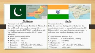 Pakistan
*Country in South Asia*
Pakistan, officially the Islamic Republic of Pakistan. It is
the world’s sixth-most populous country with a
population exceeding 212,742,631 people. In area, it is
the 33rd-largest country, spanning 881,913 square
kilometres
 Prime minister: Imran Khan
 Capital: Islamabad
 Dialing code: +92
 President: Arif Alvi
 Population: 197 million (2017) World Bank
 Currency: Pakistani rupee
India
*Country in South Asia*
India, also known as the Republic of India. It is the
seventh largest country by area and with more than 1.3
billion people, it is the second most populous country as
well as the most populous democracy in the world
 Prime minister: Narendra Modi
 President: Ram Nath Kovind Trending
 Capital: New Delhi
 Dialing code: +91
 Population: 1.339 billion (2017) World Bank
 Currency: Indian rupee
 