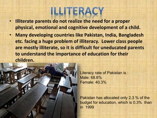 • Illiterate parents do not realize the need for a proper
physical, emotional and cognitive development of a child.
• Many developing countries like Pakistan, India, Bangladesh
etc. facing a huge problem of illiteracy. Lower class people
are mostly illiterate, so it is difficult for uneducated parents
to understand the importance of education for their
children.
Literacy rate of Pakistan is :
Male: 68.6%
Female: 40.3%
Pakistan has allocated only 2.3 % of the
budget for education, which is 0.3% than
in 1999
 