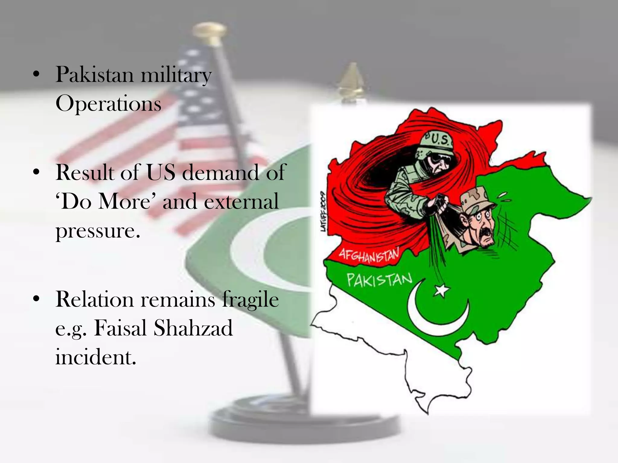 • Pakistan military
  Operations

• Result of US demand of
  „Do More‟ and external
  pressure.

• Relation remains fragile
  e.g. Faisal Shahzad
  incident.
 