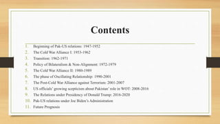 Contents
1. Beginning of Pak-US relations: 1947-1952
2. The Cold War Alliance I: 1953-1962
3. Transition: 1962-1971
4. Policy of Bilateralism & Non-Alignment: 1972-1979
5. The Cold War Alliance II: 1980-1989
6. The phase of Oscillating Relationship: 1990-2001
7. The Post-Cold War Alliance against Terrorism: 2001-2007
8. US officials’ growing scepticism about Pakistan’ role in WOT: 2008-2016
9. The Relations under Presidency of Donald Trump: 2016-2020
10. Pak-US relations under Joe Biden’s Administration
11. Future Prognosis
 