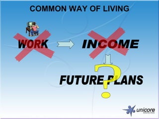 COMMON WAY OF LIVING WORK INCOME FUTURE PLANS ? 