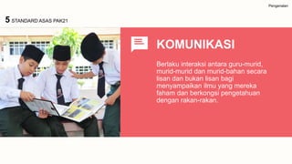 Pengenalan
KOMUNIKASI
Berlaku interaksi antara guru-murid,
murid-murid dan murid-bahan secara
lisan dan bukan lisan bagi
menyampaikan ilmu yang mereka
faham dan berkongsi pengetahuan
dengan rakan-rakan.
5 STANDARD ASAS PAK21
 