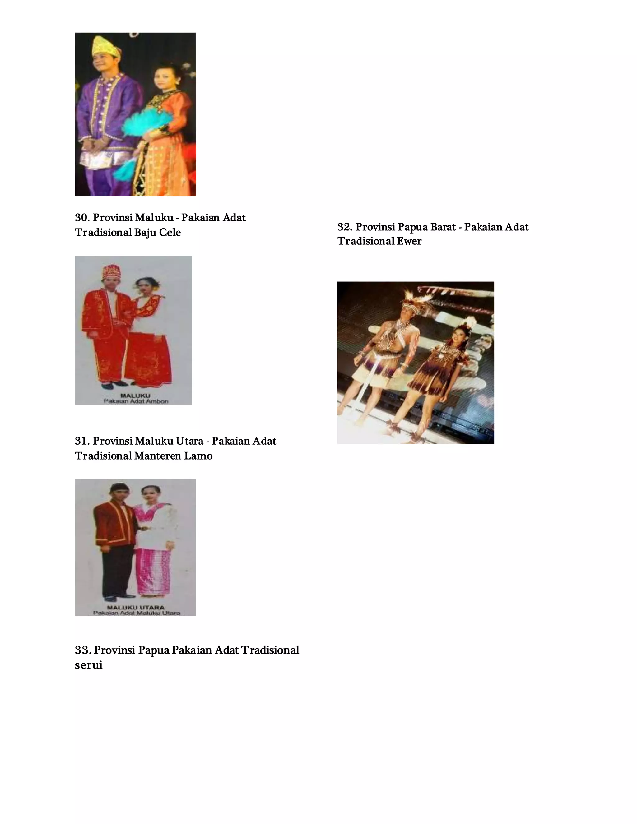30. Provinsi Maluku - Pakaian Adat
Tradisional Baju Cele
31. Provinsi Maluku Utara - Pakaian Adat
Tradisional Manteren Lamo
32. Provinsi Papua Barat - Pakaian Adat
Tradisional Ewer
33. Provinsi Papua Pakaian Adat Tradisional
serui
 